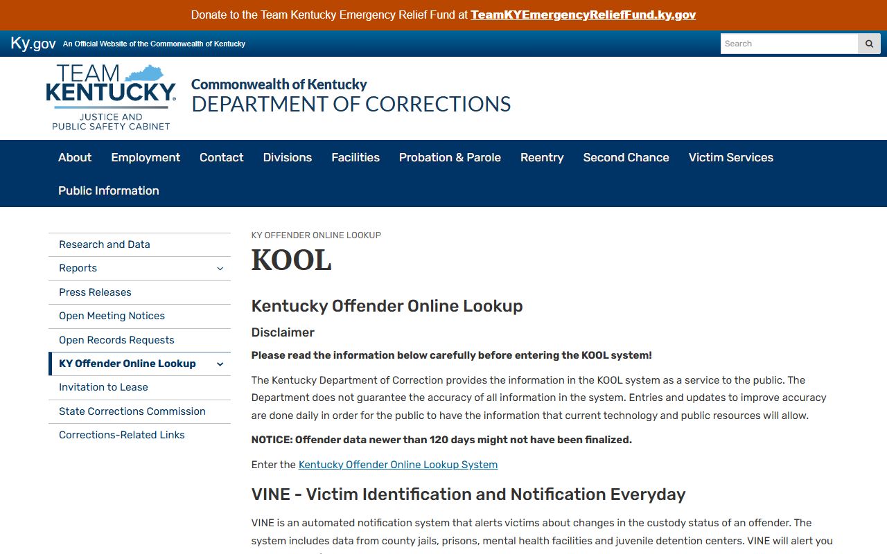 Lee County inmate search Kentucky DOC KOOL information